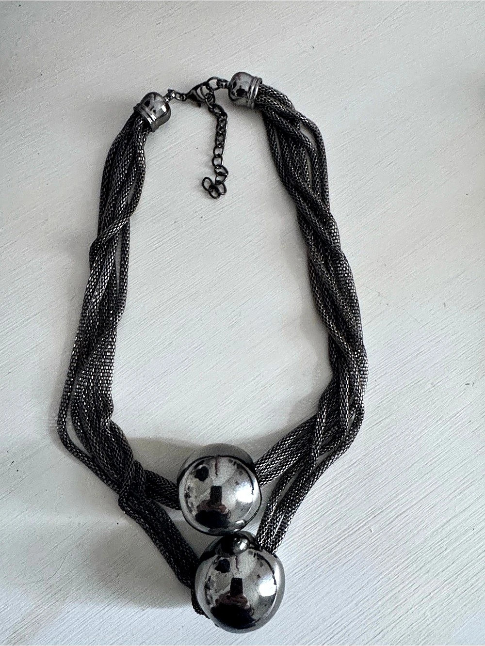 Chunky Layered Black Mesh Statement Necklace Silver Sphere Pendants